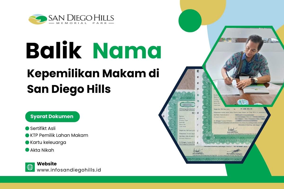 Proses balik nama sertifikat di San Diego Hills, menunjukkan pemilik lahan makam sedang menandatangani dokumen-dokumen yang diperlukan