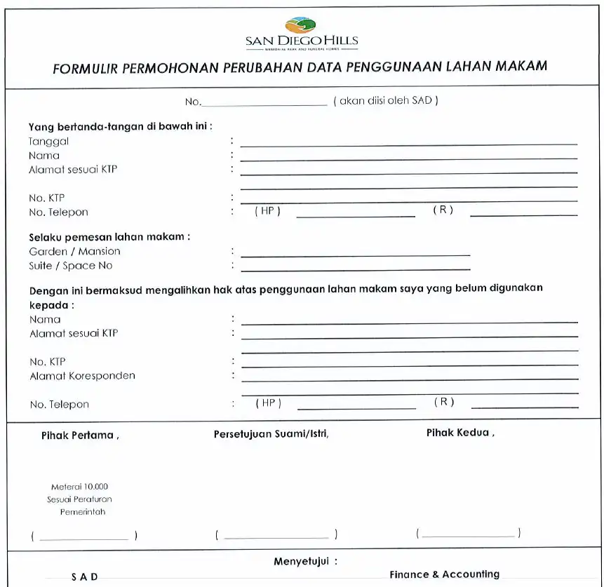Balik Nama Sertifikat Tanah Makam 2 Halaman Depan Form Alih Hak Sertifikat San Diego Hills, Menampilkan Judul Dokumen Di Bagian Atas Dengan Logo San Diego Hills Di Pojok Kanan. Terdapat Bagian Untuk Mengisi Informasi Dasar Seperti Nama Pemilik, Nomor Sertifikat, Dan Rincian Kavling Makam. Formulir Ini Dirancang Untuk Memandu Proses Alih Hak Sertifikat Secara Resmi Dan Tertib
