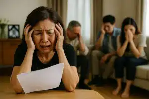 Seorang wanita paruh baya terlihat panik dan bingung di ruang keluarga setelah mendengar kabar duka, menggambarkan situasi sulit saat kehilangan orang terkasih tanpa persiapan lahan pemakaman.