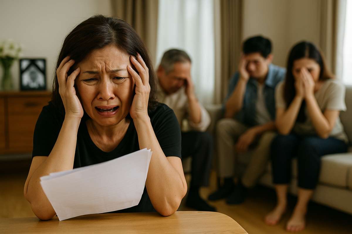 Seorang wanita paruh baya terlihat panik dan bingung di ruang keluarga setelah mendengar kabar duka, menggambarkan situasi sulit saat kehilangan orang terkasih tanpa persiapan lahan pemakaman.