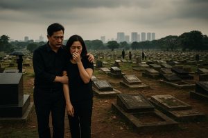Pasangan berduka di pemakaman umum Jakarta yang penuh, menggambarkan kesulitan mencari lahan makam di kota besar dan pentingnya persiapan pemakaman di San Diego Hills